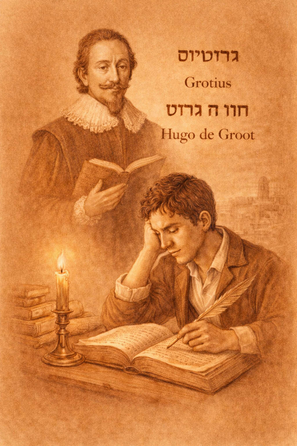 Sepiakleurige verbeelding van Hugo de Groot en een schrijver die bij kaarslicht studeert